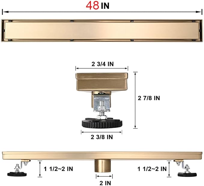 Linear Shower Floor Drain, Brushed Gold 48 Inch 304 Stainless Steel Bathroom Drains Kit, Rectangular Shower Trench Drain with Reversable Tile-in Pattern Drain Cover & Hair Catcher