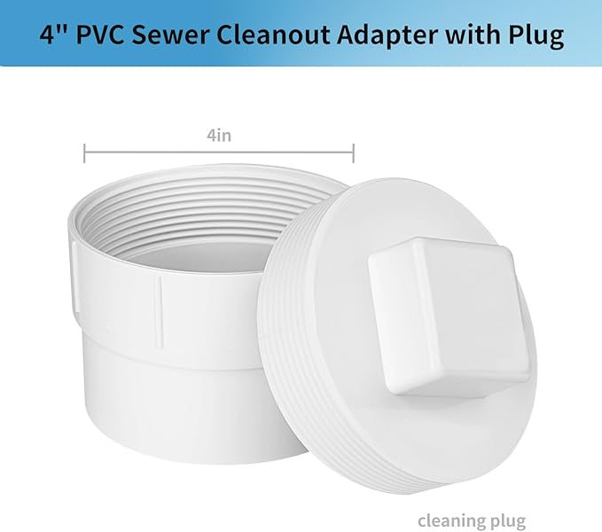 LESSO 4" PVC Sewer Cleanout Adapter with Plug, PVC DWV Pipe Fitting Flush Sewer Cleanout Cap for Drainage Piping System