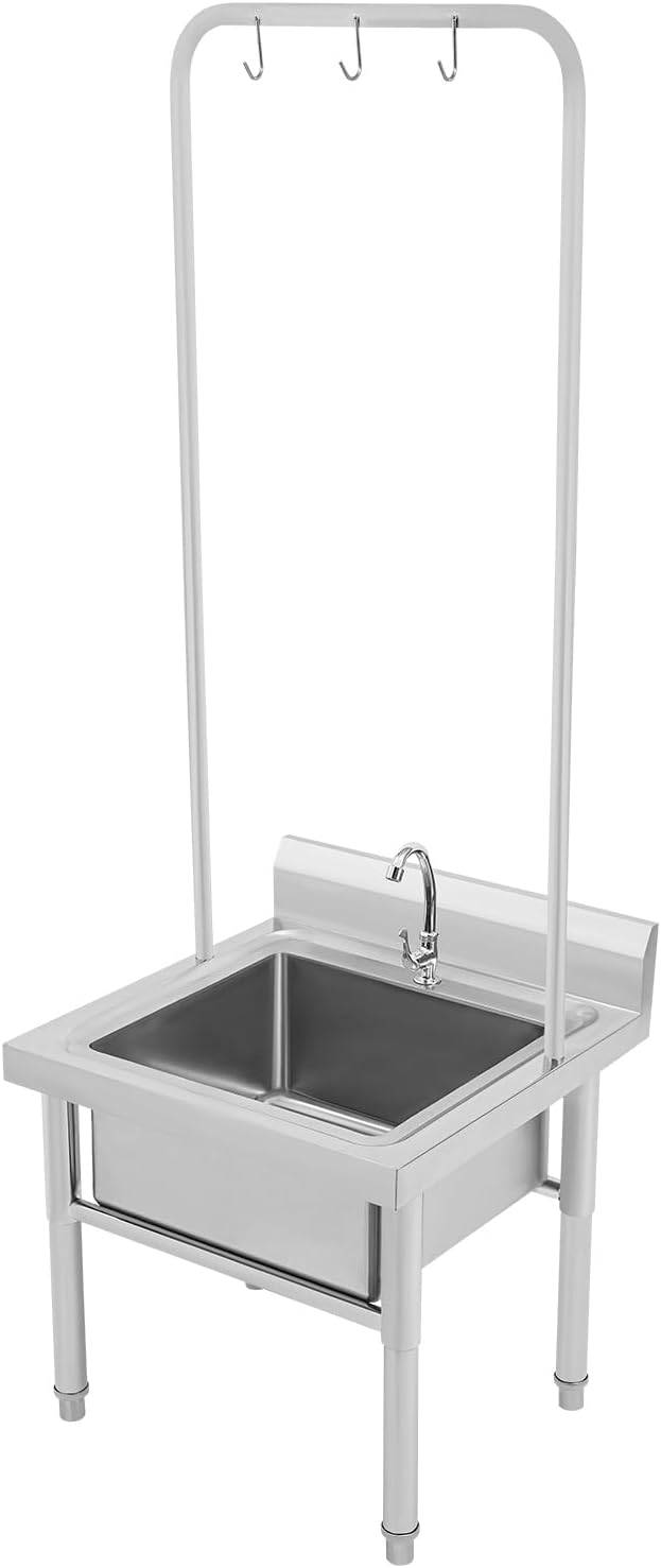 Stainless Steel Floor Mop Sink with Hanging Rod & Hooks Mop Commercial Mop Sink with Faucet & Drain Filter for Restaurant, Garages, 23.6x23.6x68.9in