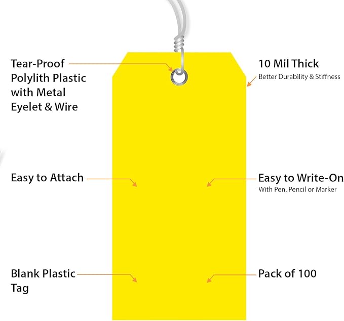 SmartSign Pack of 100 Yellow Plastic Tags with Wires, 4.75 x 2.375 inch, Metal Eyelet, 10 mil Tear-Proof Polylith Plastic Size 5, Writable