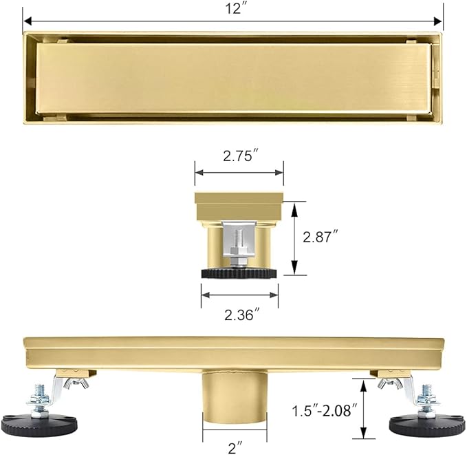 Linear Shower Drain, 12 inch Gold Drain with Tile Insert 2-in-1 Panel, Brushed 304 Stainless Steel Gold Shower Floor Drain, Linear Drain with Hair Strainer and Adjustable Feet
