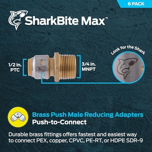SharkBite Max 1/2 Inch x 3/4 Inch MNPT Adapter, Pack of 6, Push-to-Connect Brass Plumbing Fitting, UR116