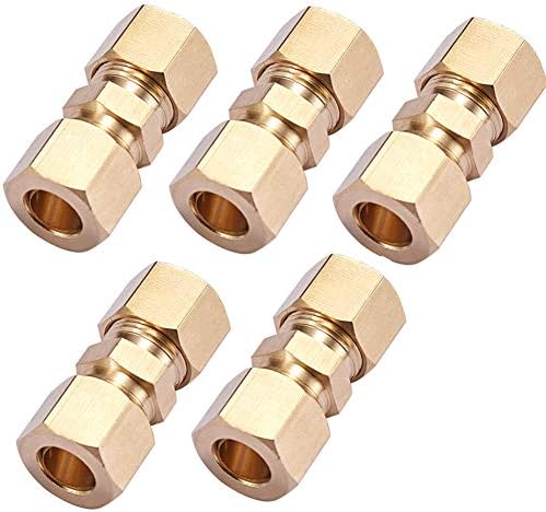 Brass Compression Tube Pipe Fitting Connector, Straight Coupling Adapter, 3/8" Tube OD x 3/8" Tube OD Connector 5pcs (3/8" OD Compression x 3/8" OD Compression)