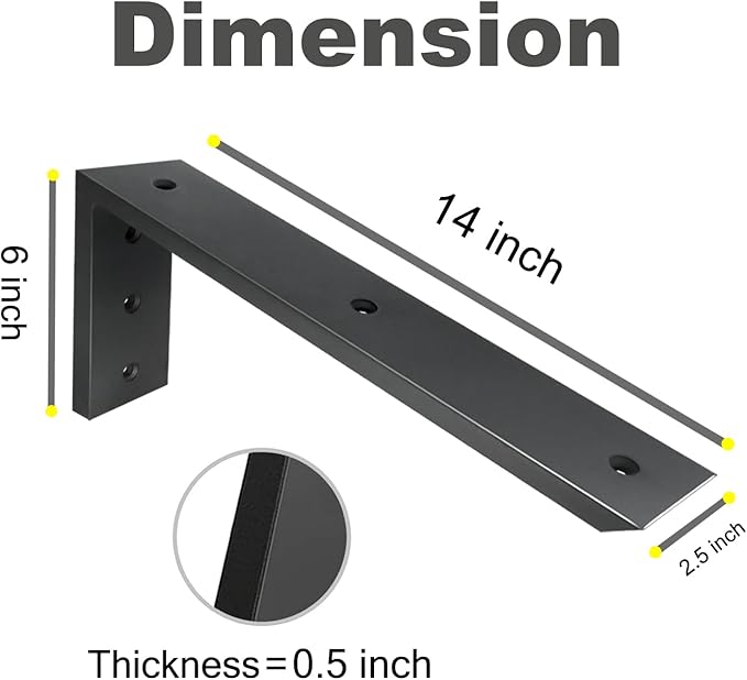 WINKER Countertop Support Bracket 4 Pack Heavy Duty 1/2" Thick Hidden L Shelf Bracket 14" x 6" x 2.5" Metal Corbels for Quartz/Granite/Wood/Concrete/Laminate Countertops, Black
