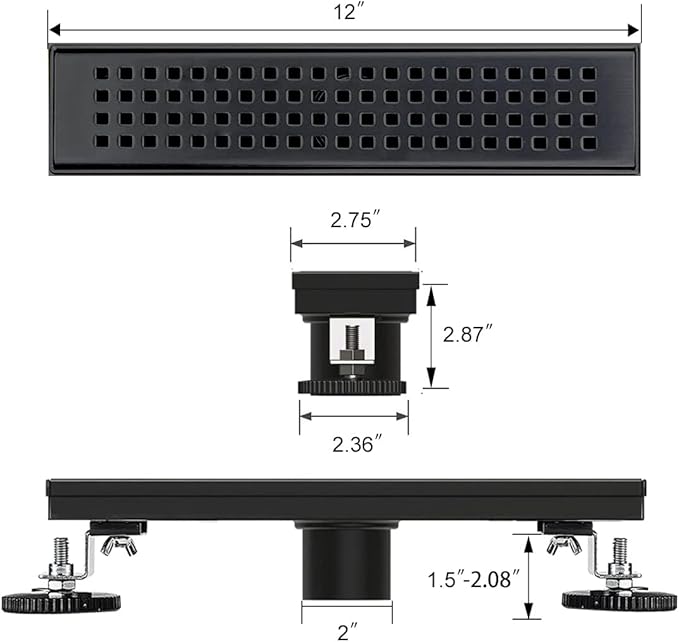 Linear Shower Drain, 12 inch Black Drain with Removable Grate Cover, Brushed 304 Stainless Steel Shower Floor Drain, Linear Drain with Hair Strainer and Adjustable Feet