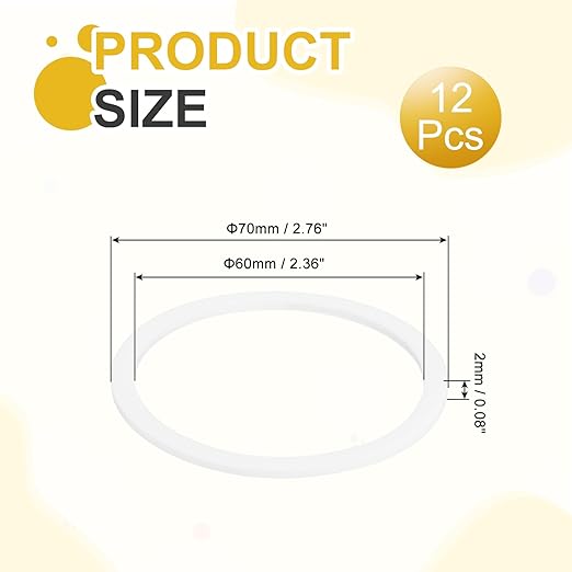 MECCANIXITY PTFE Flat Washers, 12Pack 70mm OD 60mm ID 2mm Thick Sealing Spacer Gasket Ring for Faucet Pipe Hose Bolt Machinery, White