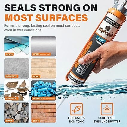 MS300 Marine Sealant Clear, Window Sealer, Pond Sealer for Leaks Concrete Glass Metal, MS Polymer Adhesive 4x Stronger than Aquarium Silicone Caulking, Pond Liner Adhesive, Clear Sealant, 300ml