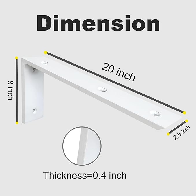 Countertop Support Bracket 3 Pack White 3/8" Thick Heavy Duty Hidden Shelf Bracket 20" x 8" x 2 1/2" Metal Corbels for Quartz/Granite/Wood/Concret/ Laminate Countertops