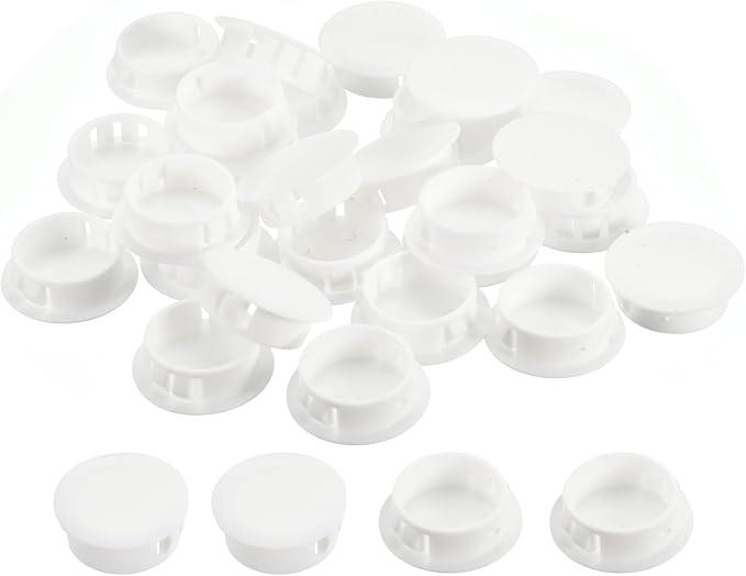 uxcell 1-3/32" Plastic Hole Plugs, 36Pcs Flush Type Panel Round Snap in Fastener Knockout Locking Plugs for Furniture Insert End Caps Panels, White