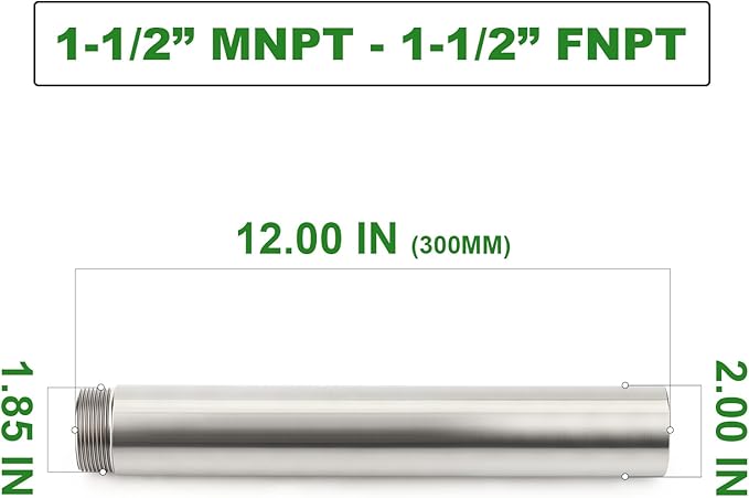 TAISHER 1PCS Stainless Steel Pipe Fittings, 1-1/2" NPT Male x 1-1/2" NPT Female Threaded, 12" Length Nipple Cast Pipe