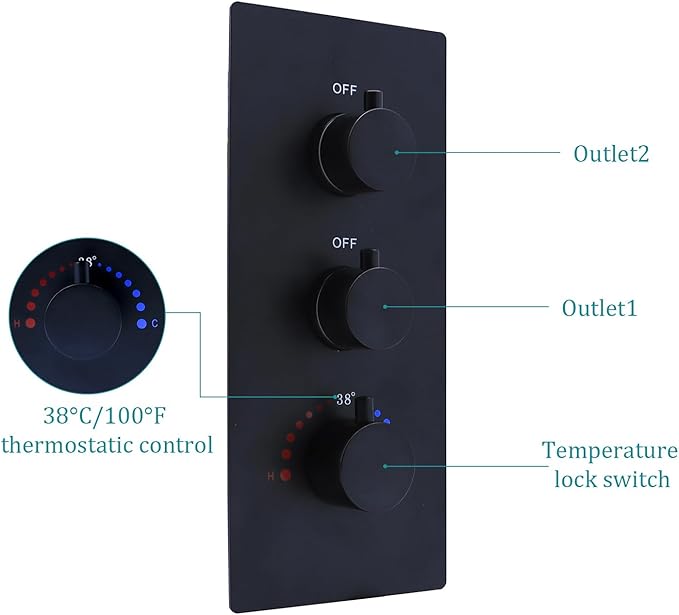 2 Function Shower Thermostatic Valve 3 Round Knob Valve Body Can Control Water Volume and Work at the Same Time Concealed Brass Bathroom Valve Replacement Rough-In Valves (Matte Black, 2-Way)