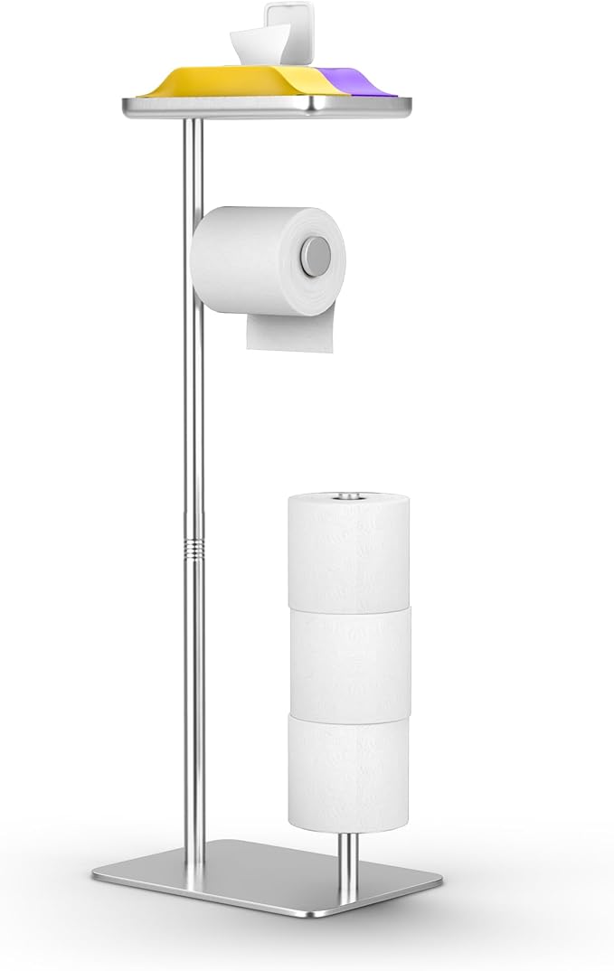 Day Moon™ Brushed Nickel Toilet Paper Holder Free Standing Toilet Paper Holder with Storage - Toilet Paper Stand and Tissue Holder for Bathroom - Toilet Paper Holder with Shelf and Wipe Holder