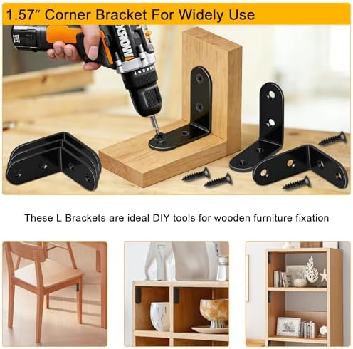 30PCS L Brackets Corner Braces, Black 90 Degree Right Angle Brackets with 120PCS Screws, Heavy Duty Metal Joint Fasteners for Furniture, Bed Frame, Cabinet, Shelf,1.57x1.57 Inch