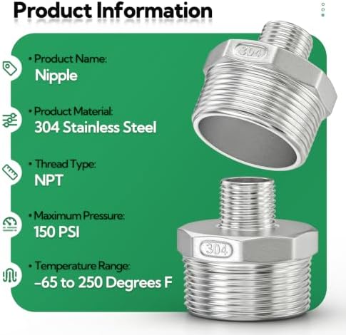 TAISHER 2PCS Cast 304 Stainless Steel Hex Nipple, Reducer Pipe Fitting 1-1/2" NPT Male x 1-1/4" NPT Male