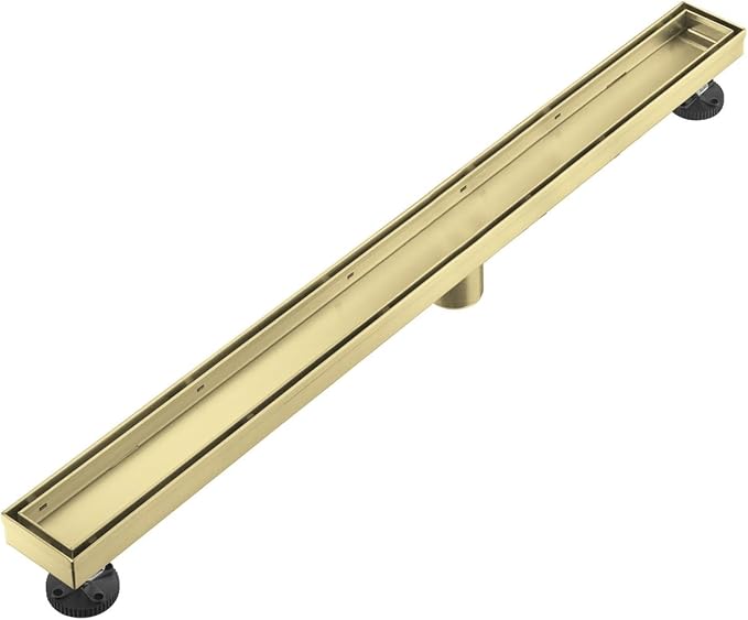 Linear Shower Floor Drain, Brushed Gold 40 Inch 304 Stainless Steel Bathroom Drains Kit, Rectangular Shower Trench Drain with Reversable Tile-in Pattern Drain Cover & Hair Catcher