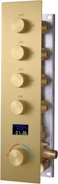 4 Way Shower Diverter Valve with Temperature Display Brass Rough-In Shower Mixing Valve Kit Replacement Can Work At The Same Time, Brushed Gold