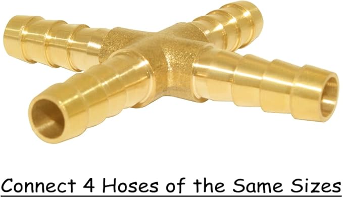 2PCS Solid Brass 3/8"OD Barb Fittings 4-Way Union Intersection Hose Pipe Barb Fitting for Water/Oil/Gas