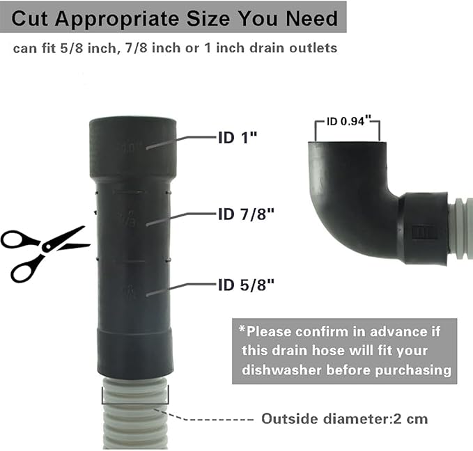 Dishwasher Drain Hose with ID 0.94 inch Elbow, 6 FT Flexible Dishwasher Discharge Hose with Clamps, Trim to Fit 5/8 Inch, 7/8 Inch, or 1 Inch OD Outlets