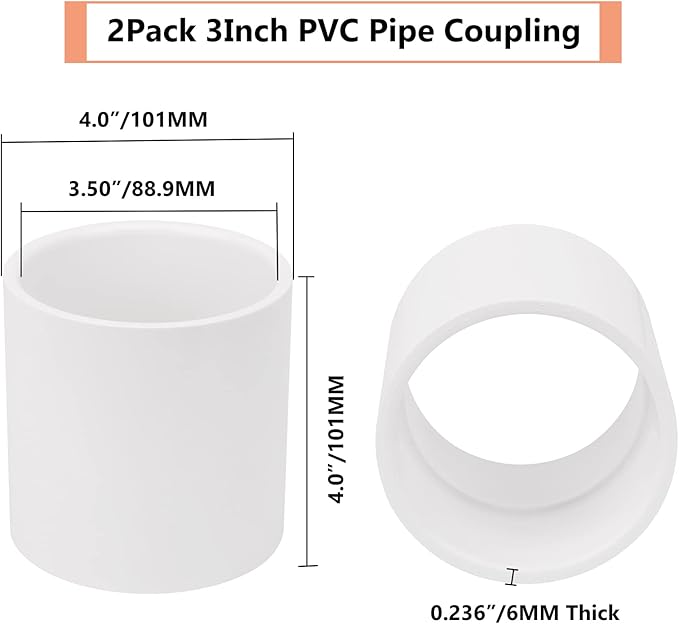 2Pack 3" PVC Pipe Coupling Adapter Pipe Fittings (Sx S) Contractor Pack Schedule 40 Heavy Duty 3 Inch PVC Slip Socket Connectors for DIY Shelf Garden Support Structure, White