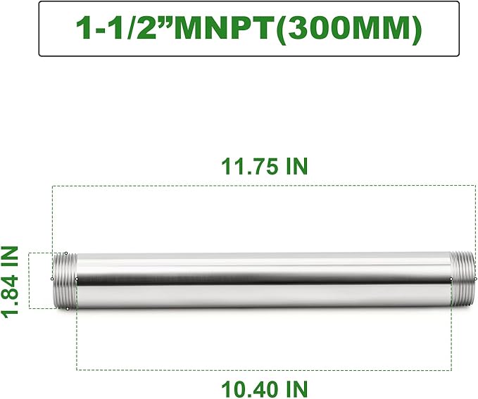 TAISHER 1PCS Stainless Steel Pipe Fittings, 1-1/2" NPT Male x 1-1/2" NPT Male Threaded, 12" Length Nipple Cast Pipe