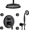 Antique Shower Faucet-Sets Fixtures: 9 inch Ceiling Rain Head with Handheld Spray and Body Jets, 3 Way Diverter Rough in Valve System included Trim Kit, Oil Rubbed Bronze