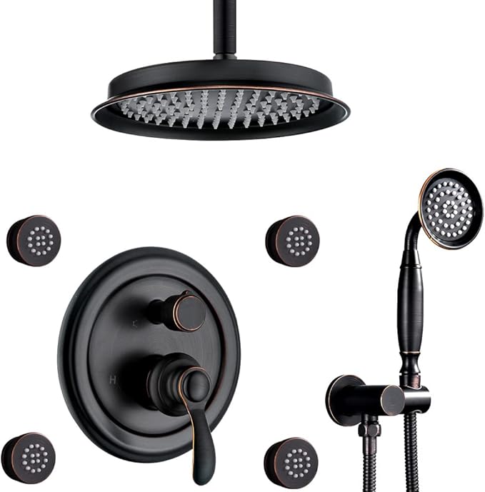 Antique Shower Faucet-Sets Fixtures: 9 inch Ceiling Rain Head with Handheld Spray and Body Jets, 3 Way Diverter Rough in Valve System included Trim Kit, Oil Rubbed Bronze
