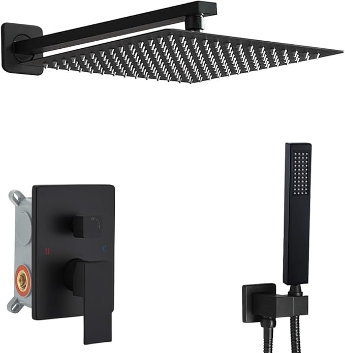 Matte Black Shower System 16 Inch Bathroom Luxury Rain Mixer Shower Combo Set Wall Mounted Rainfall Shower Head and Handheld System Shower Faucet Set Rough-in Valve Body and Trim Kit