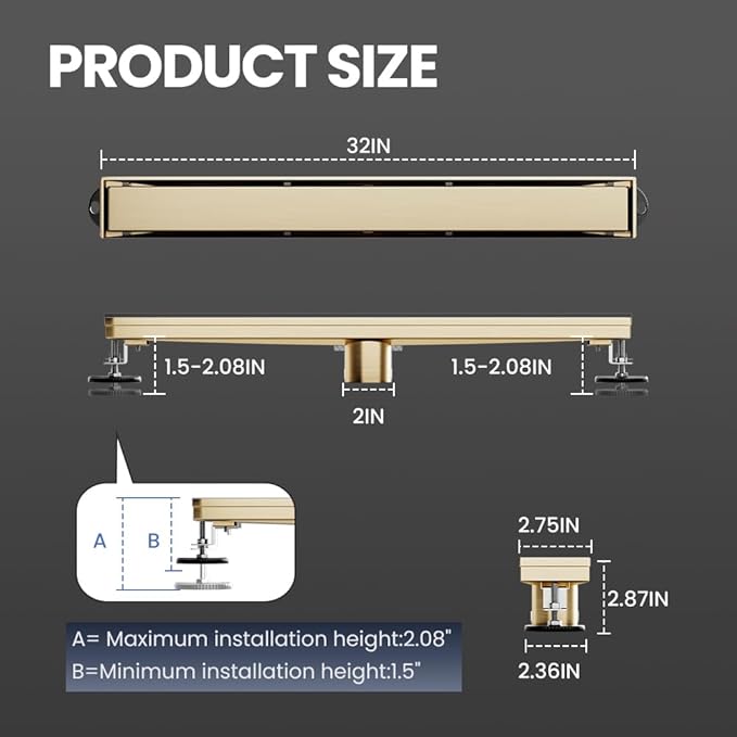 Linear Shower Drain 32 Inch Gold, Brushed AISI 304 Stainless Steel Shower Drain with 2-in-1 Tile Insert Panel, for Bathroom, Kitchen, Garage & More