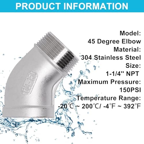 1PCS 45 Degree Elbow Fittings, 1-1/4" NPT Male to 1-1/4" NPT Female 304 Stainless Steel Pipe Fitting, Connector Coupler Apply to Outdoor Garden Industrial
