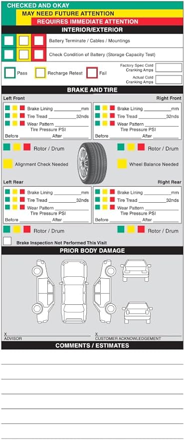 Visual Vehicle Inspection Report – 2-Part Carbonless Vehicle Checklist, Snap-Out Auto Service Forms, Fleet Maintenance Logs, Car Checkup Sheets - White & Canary 8.5"×11" - Pack of 750