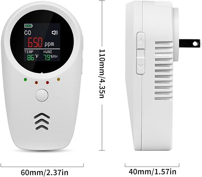 5-in-1 Plug-in & Battery Backup Carbon Monoxide Detectors，Portable Travel Carbon Monoxide Detector, Natural Gas Leak Detector with Temp. Humid. for Home, RV, Camping (Shipping Without Batteries)