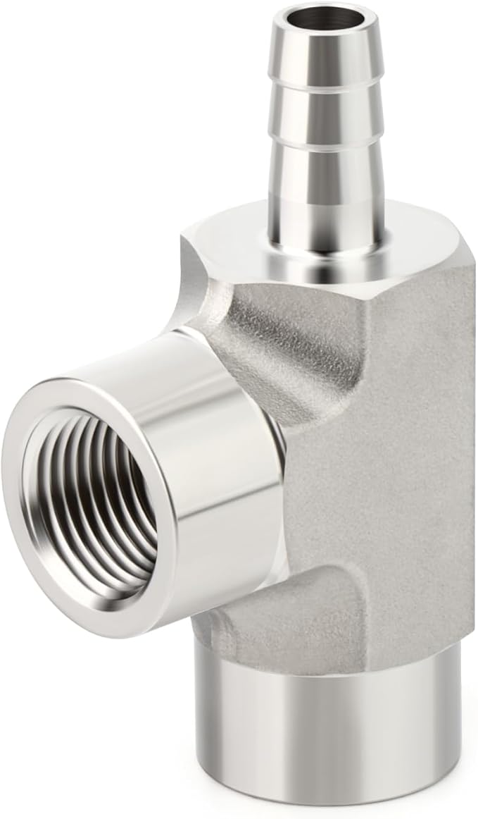 TAISHER 1PCS Forging of 304 Stainless Steel 3 Way Tee Hose Barb Fitting, 3/8" Hose Barb x 3/8" NPT Female x 3/8" NPT Female for Fuel/Air/Lquid/Gas with 2PCS Hose Clamp