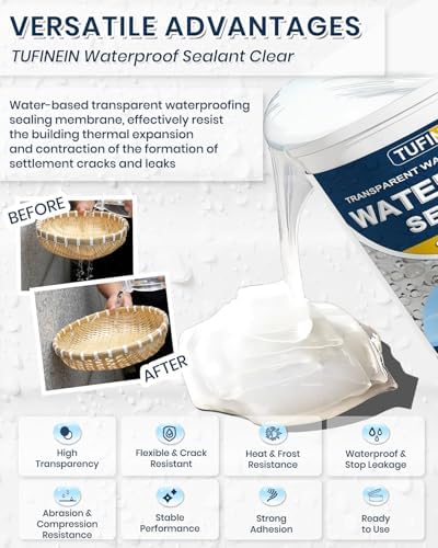 Transparent Waterproof Coating, TUFINEIN 35 Oz Invisible Waterproof Agent Indoor & Outdoor Sealant Water-Based Clear Sealant Roofs, Walls, Garden, Terraces