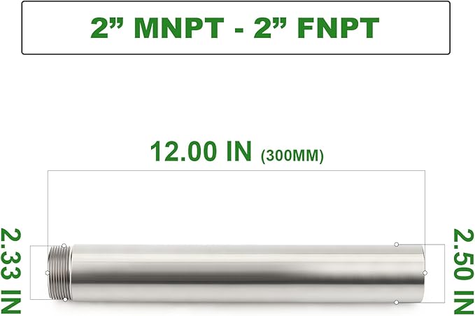 TAISHER 1PCS Stainless Steel Pipe Fittings, 2" NPT Male x 2" NPT Female Threaded, 12" Length Nipple Cast Pipe