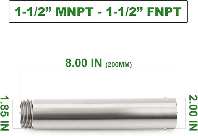 TAISHER 1PCS Stainless Steel Pipe Fittings, 1-1/2" NPT Male x 1-1/2" NPT Female Threaded, 8" Length Nipple Cast Pipe