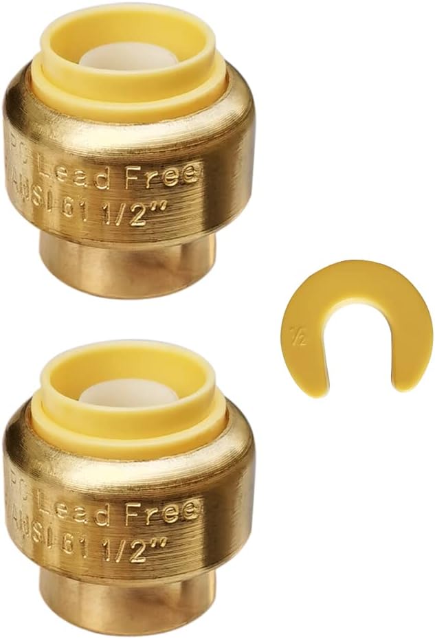 HQMPC 1/2" Push Fit PEX End Cap, Push-to-Connect Brass Plumbing Fittings No Lead Brass Plumbing Fittings with Disconnect Clip for Copper, CPVC 2Pcs