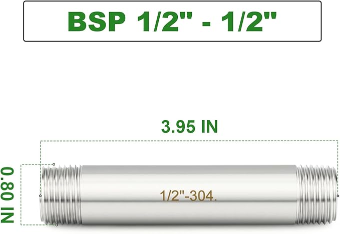 TAISHER 2PCS Stainless Steel Pipe Fittings, 1/2" BSP Male x 1/2" BSP Male Threaded, 4" Length Nipple Cast Pipe