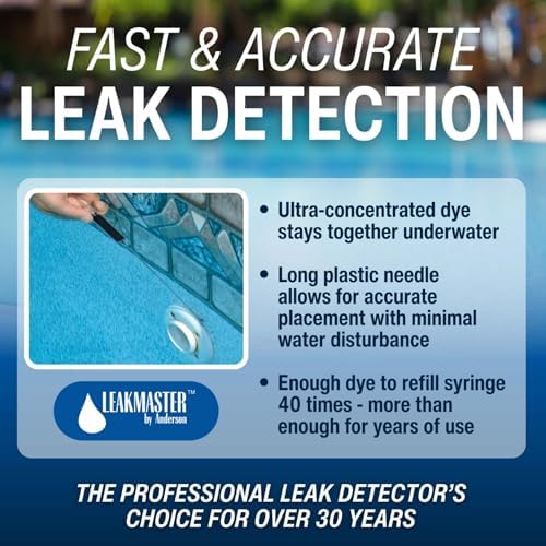 Leakmaster Pool Leak Detection Kit – 8 oz Blue Dye with Reusable Syringe – High-Visibility Leak Finder for Pools, Hot Tubs & Spas – 40+ Refills– Professional Water Tracing Tool (2 Pack)