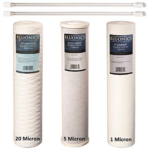 Bluonics Complete Whole House Well Water Filtration System – 24 GPM 110W UV Purifier with Triple 4.5" x 20" Housings, 40 Micron Pre-Filter, Sediment & Carbon Filters + Extra Filter Set