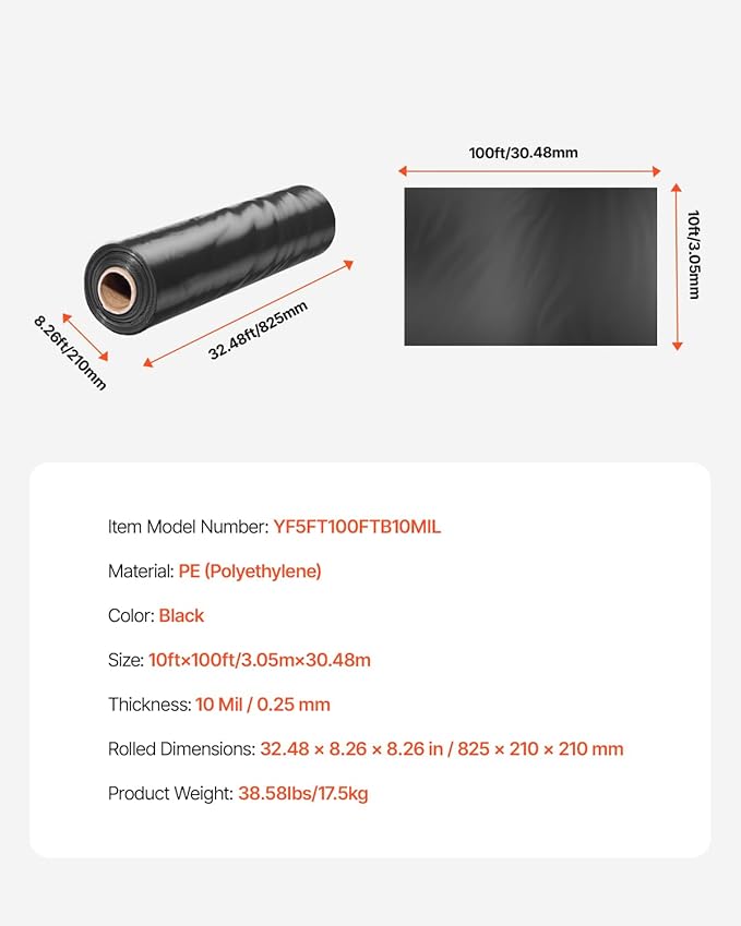VEVOR 10 Mil Plastic Sheeting Heavy Duty 10' x 100', Thick Plastic Sheeting Roll, Plastic Drop Cloth Painters Tarp, Polyethylene Covering for Crawl Space Vapor Barrier, Multi-Purpose, Black
