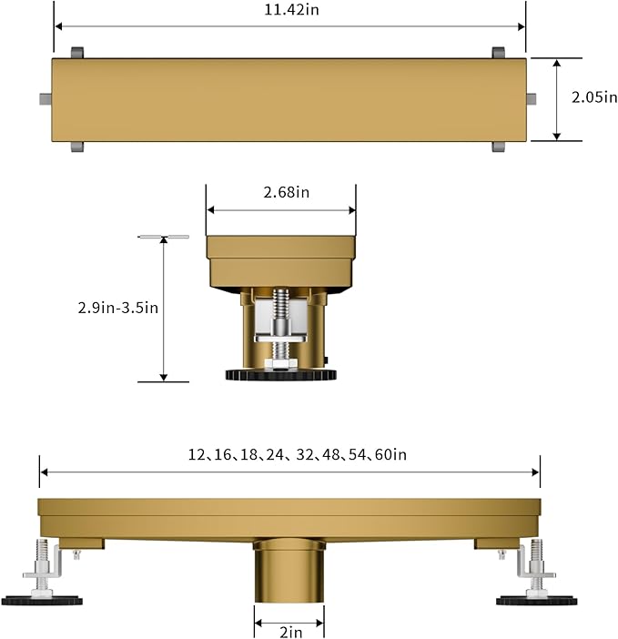 Linear Shower Drain, 304 Stainless Steel with Adjustable Leveling Feet, Hair Strainer,Reversely Install Place to Create an Invisible Floor Drain - Gold -16-Inch