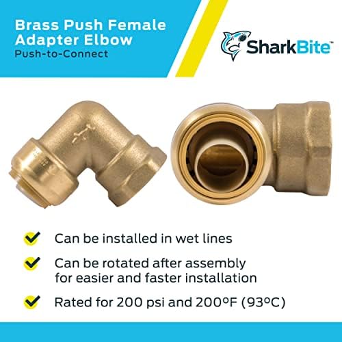SharkBite 3/4 Inch x 3/4 Inch 90 Degree Female Adapter Elbow, Push to Connect Brass Plumbing Fitting, PEX Pipe, Copper, CPVC, PE-RT, HDPE, U314LFA