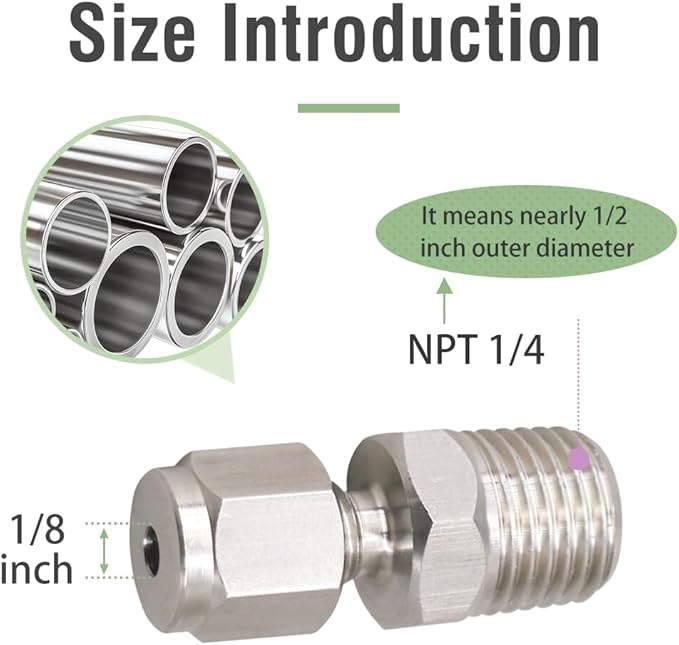 Stainless Steel 304 Compression Fitting to connect 1/8 inch OD tube x 1/4 NPT Male thread Coupler, for brass copper stainless steel tubing (2 pcs)