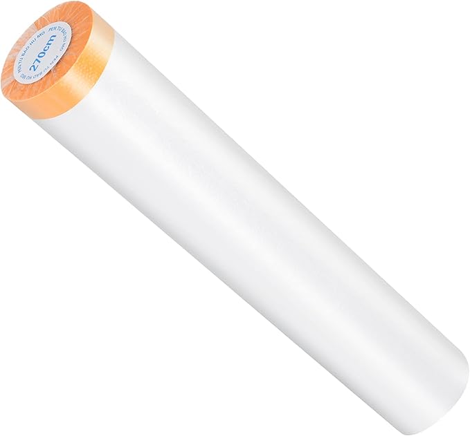 Muf 9 x 65 Feet Plastic Drop Cloth Plastic Sheeting with Masking Tape,Waterproof Protective Masking Film,Prevent Dust Paint for Car,Furniture,Carpet,Floor,1 Pack