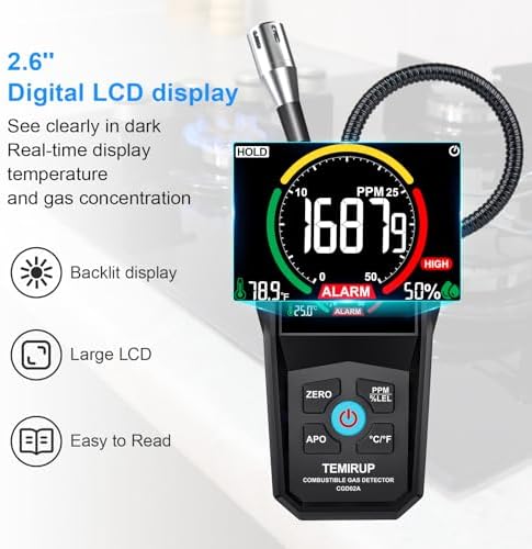 Gas Leak Detector, TEMIRUP Natural Propane Gas Sniffer Combustible Gas Leak Detector with 50-50000PPM 100% LEL, 2.6'' Color LCD Display,Temperature Measure, 12" Flexible Probe,High Sensitivity