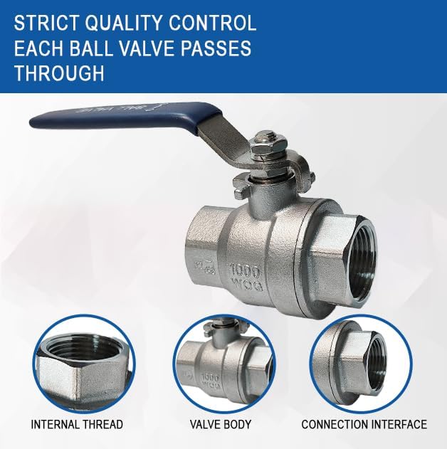 1" 316 Stainless Steel Ball Valve Female, 2-Piece Full Port NPT Threaded, 1000 WOG, High Pressure Corrosion Resistant Shut Off Valve for Water/Oil/Gas, Industrial Plumbing Valve (2-Pack)
