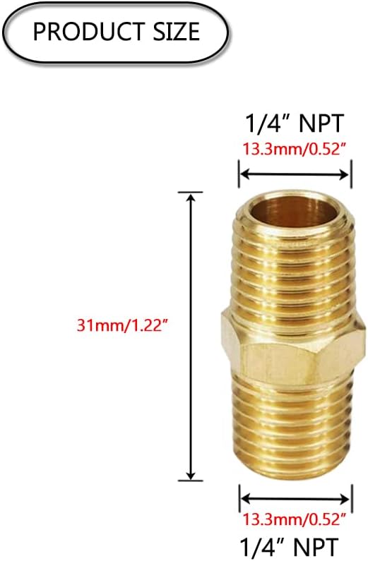 HQMPC Solid Brass Pipe Fitting Gas Connect Adapter Brass Union Coupler Adapter Gas x Flare Fittings Male Pipe, Hex Nipple 1/4"NPT 6Pcs