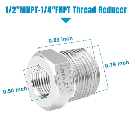 Quickun Stainless Steel Reducing Hex Bushing, 1/2" Male NPT to 1/4" Female NPT, Reducer Bushing Pipe Hose Fitting (Pack of 2)