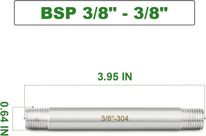 TAISHER 2PCS Stainless Steel Pipe Fittings, 3/8" BSP Male x 3/8" BSP Male Threaded, 4" Length Nipple Cast Pipe