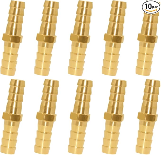 10PCS Brass 3/16" OD Barb Splicer Mender Hose Barb Fitting Straight 2-Way Union Garden Hose Repair Fittings for Water/Oil/Gas